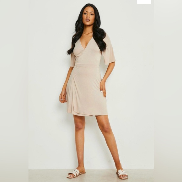 Stone Colored Wrap Over Dress - Picture 3 of 4